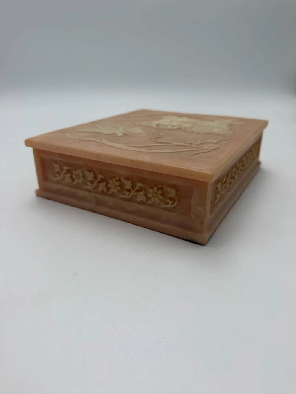 VTG Large Incolay Stone Jewelry Box Pink Cat Kitten Butterfly Lenore Beran HTF